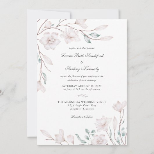 Elegant White Magnolia Floral Wedding Invitation Kaart (Voorkant)