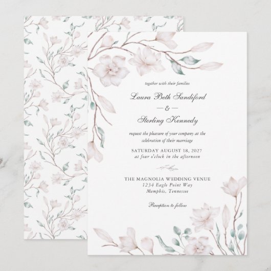 Elegant White Magnolia Floral Wedding Invitation Kaart (Voorkant / Achterkant)