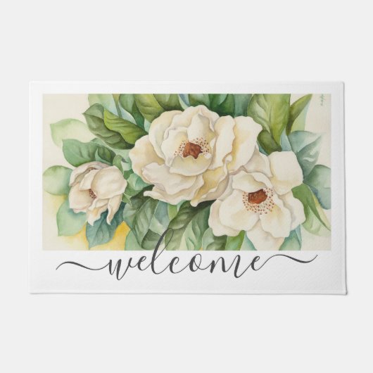Elegant White Magnolia Floral Welcome Script Deurmat (Voorkant)