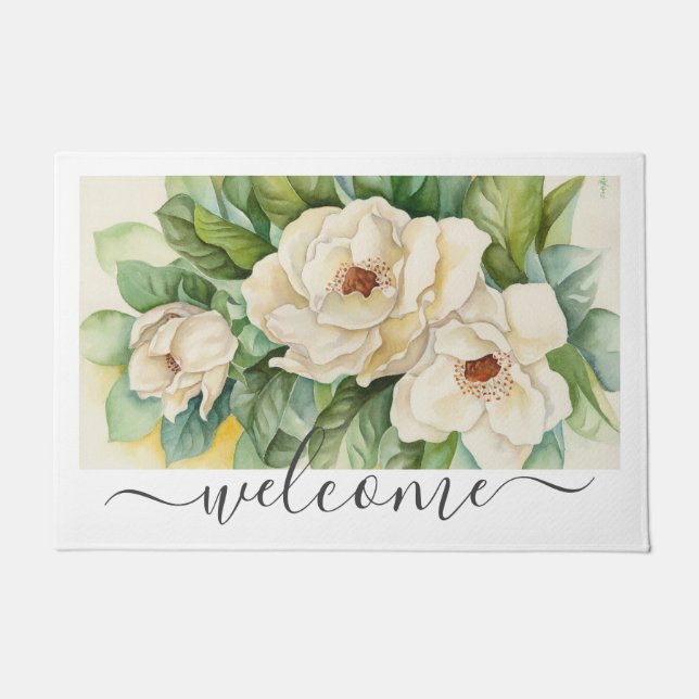 Elegant White Magnolia Floral Welcome Script Deurmat (Voorkant)