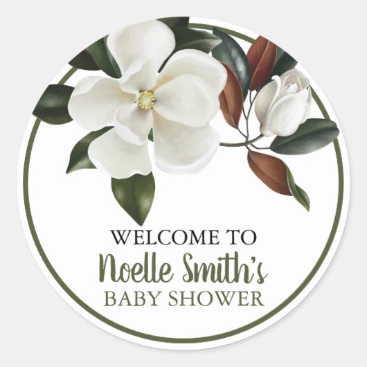 Elegant White Magnolia Flowers, Baby shower Ronde Sticker (Voorkant)
