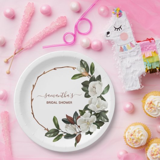 Elegant White Magnolia Flowers, Vrijgezellenfeest Papieren Bordje (Feest)