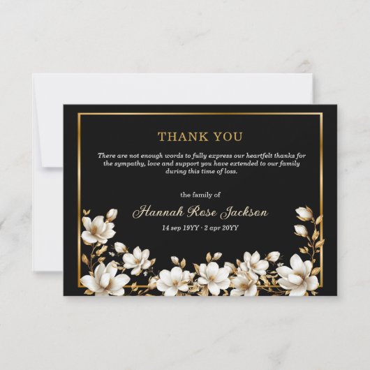 Elegant White Magnolia Gold Black Sympathy Funeral Bedankkaart (Voorkant)