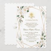 Elegant White Magnolia Gold First Heilige Communie Kaart (Voorkant / Achterkant)