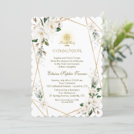 Elegant White Magnolia Gold First Heilige Communie Kaart