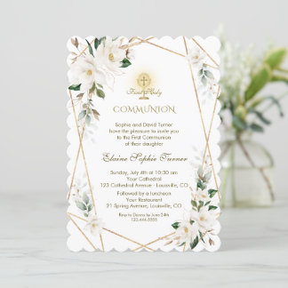 Elegant White Magnolia Gold First Heilige Communie Kaart