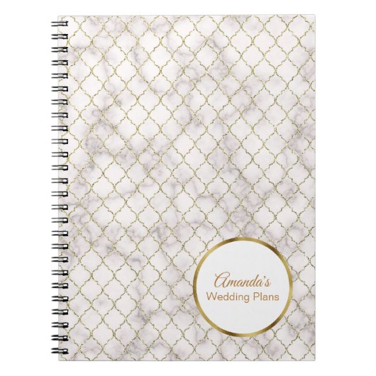 Elegant White Marble and Gold Quatrefoil Wedding Notitieboek (Voorkant)