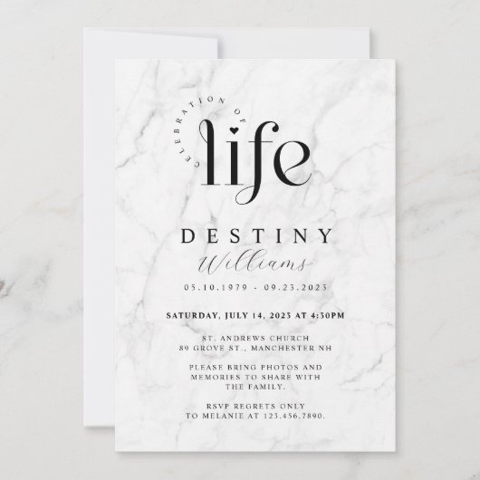 Elegant White Marble Celebration of Life Funeral Kaart (Voorkant)
