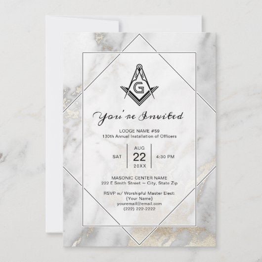 Elegant White Marble Gold Masonic Invitations Kaart (Voorkant)