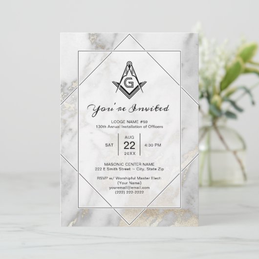 Elegant White Marble Gold Masonic Invitations Kaart (Staand voorkant)