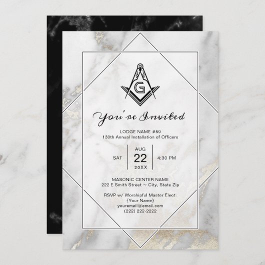 Elegant White Marble Gold Masonic Invitations Kaart (Voorkant / Achterkant)