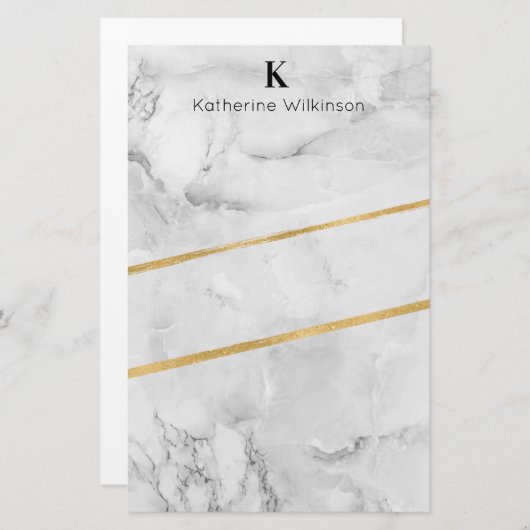Elegant White Marble Gold Monogram Briefpapier (Voorkant / Achterkant)