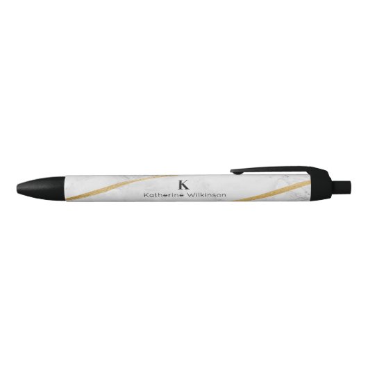 Elegant White Marble Gold Monogram Zwarte Inkt Pen (Bovenkant)