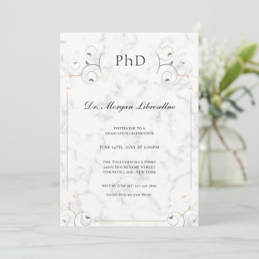Elegant White Marble Gold PhD Afstuderen Kaart (Staand voorkant)