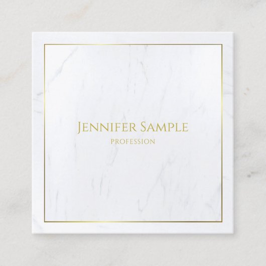 Elegant White Marble Gold Text Luxe Sjabloon Vierkante Visitekaartje (Voorkant)