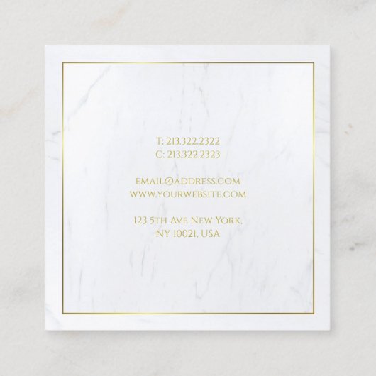 Elegant White Marble Gold Text Luxe Sjabloon Vierkante Visitekaartje (Achterkant)
