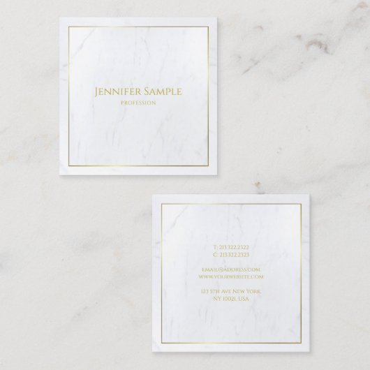 Elegant White Marble Gold Text Luxe Sjabloon Vierkante Visitekaartje (Voorkant / Achterkant)