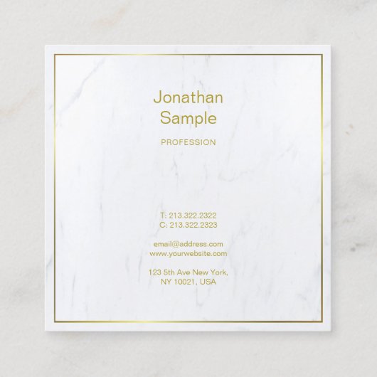 Elegant White Marble Luxurous Plain Gold Script Vierkante Visitekaartje (Achterkant)