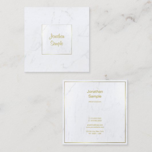 Elegant White Marble Luxurous Plain Gold Script Vierkante Visitekaartje (Voorkant / Achterkant)