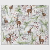 Elegant White Marble Reindeer Berries Kerstmis Cadeaupapier (Vlak)