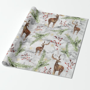 Elegant White Marble Reindeer Berries Kerstmis Cadeaupapier