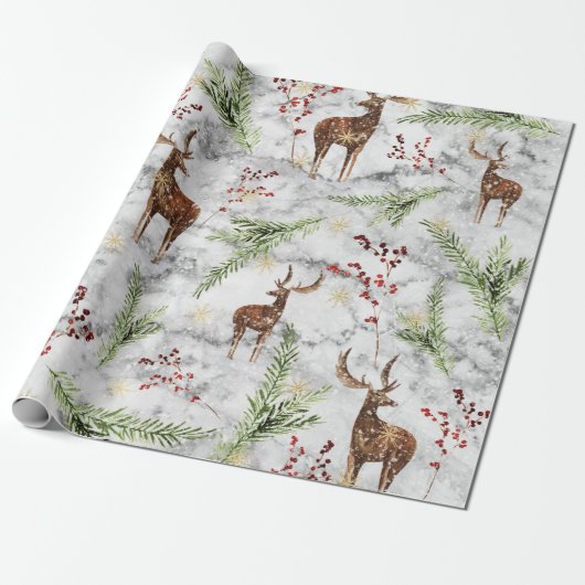 Elegant White Marble Reindeer Berries Kerstmis Cadeaupapier (Uitgerold)