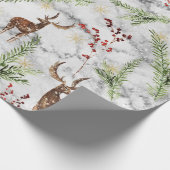 Elegant White Marble Reindeer Berries Kerstmis Cadeaupapier (Hoek)
