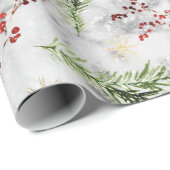 Elegant White Marble Reindeer Berries Kerstmis Cadeaupapier (Rol Hoek)