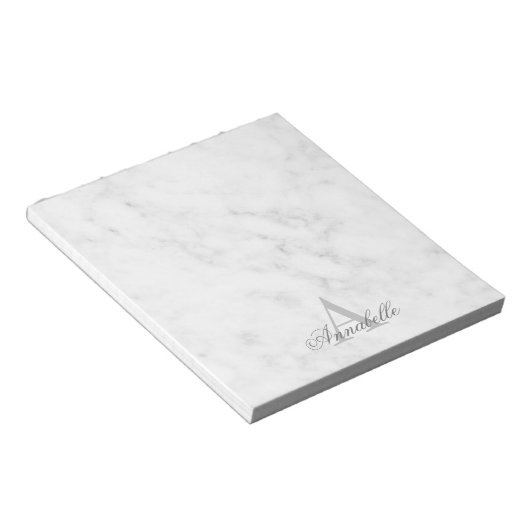 Elegant White Marble Script Name Monogram Notitieblok (Schuin)