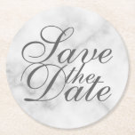 Elegant White Marble Wedding Save the Date Ronde Kartonnen Onderzetter<br><div class="desc">Elegant stijlvol ontwerp met titel "Save the Date" in grijs elegant script font style on white marble background.</div>