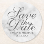 Elegant White Marble Wedding Save the Date Ronde Kartonnen Onderzetter<br><div class="desc">Elegant stijlvol ontwerp met titel "Save the Date" in grijs elegant script font style with name and bruiloft date in grijs klassiek serif font style on white marble background.</div>