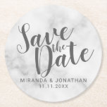 Elegant White Marble Wedding Save the Date Ronde Kartonnen Onderzetter<br><div class="desc">Het huwelijk sparen de de kenmerktitel van het Klooster van het Document van de Datum "sparen de Datum"in grijze moderne manuscriptdoopvont met naam en datum in moderne sans serif doopvont op witte marmer achtergrond.</div>