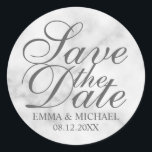 Elegant White Marble Wedding Save the Date Ronde Sticker<br><div class="desc">Elegant stijlvol ontwerp met fragment "Save the Date" in grijs elegant script font style with bride and groom's name and bruiloft date in klassiek serif font style on white marble background.</div>