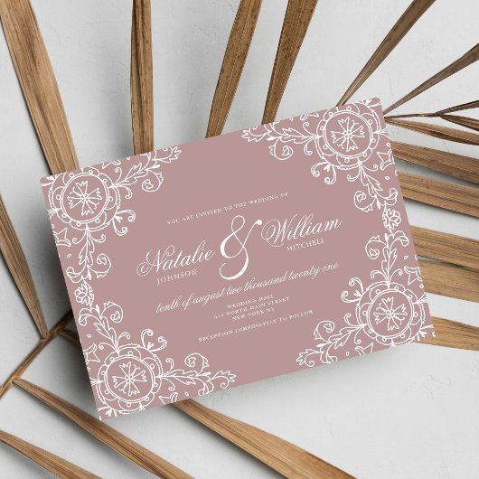 Elegant white mauve roze ornament bruiloft kaart