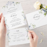 Elegant White met Blue Floral en Calligrafie All In One Uitnodiging<br><div class="desc">Elegant All-in-One drieledige trouwuitnodiging met geperforeerd RSVP-briefkaart. Ontwerp met een delicate waterverf groen met bloemen in wit en een paar blauwe tinten die je trouwgegevens omgeven. Moderne handgeschreven kalligrafie-elementen. Milieuvriendelijk, aangezien er geen behoefte aan extra tussenvoegselkaarten, kaarten RSVP of zelfs enveloppen is, heeft deze uitnodiging het allen! De capaciteit om...</div>