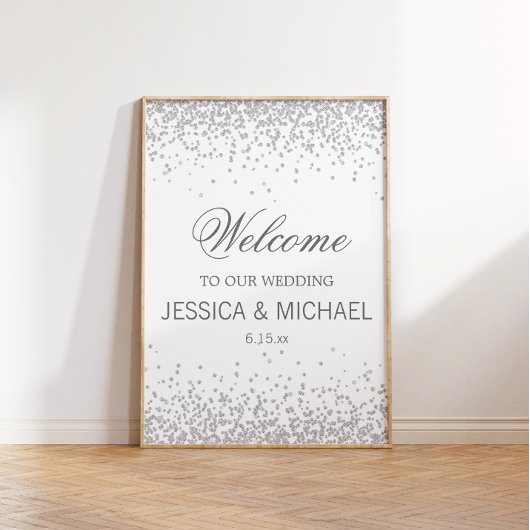 Elegant White met mousserende zilver Glitter Weddi Poster