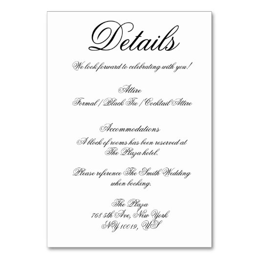 Elegant White Minimal Wedding Detail Cards Kaart (Voorkant)
