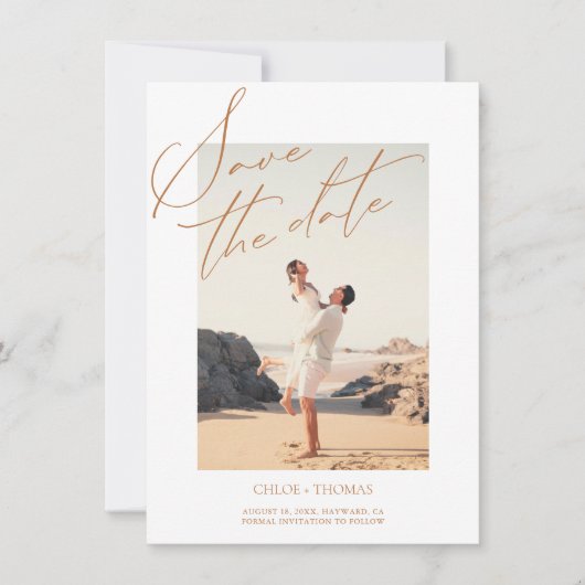 Elegant White Minimalist Script Photo Save The Date (Voorkant)