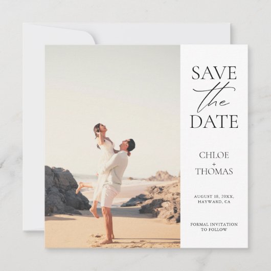 Elegant White Minimalist Script Photo Save The Date (Voorkant)