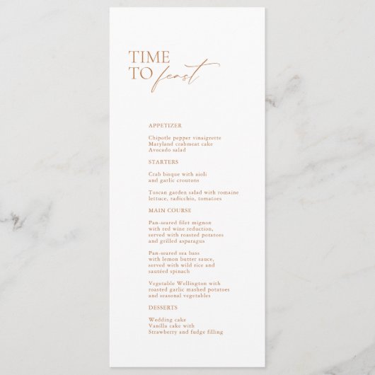 Elegant White Modern "Time to Feast" huwelijksmenu Menu (Voorkant)