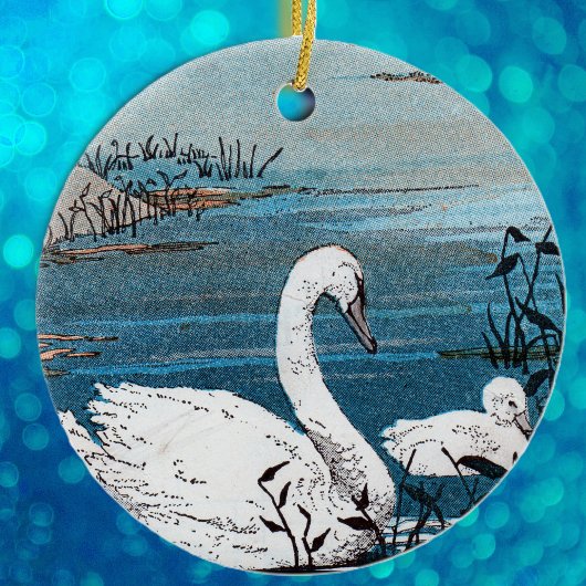 Elegant White Moeder Swan met Baby in Blue Lake Keramisch Ornament