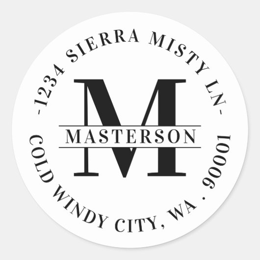 Elegant White Monogram Circular Return Address Ronde Sticker (Voorkant)