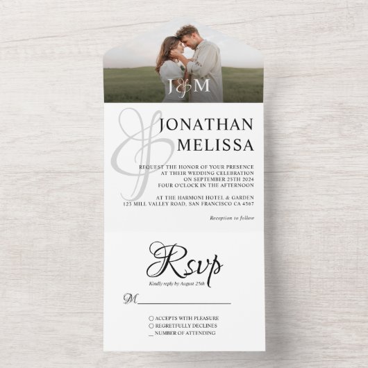 Elegant White Monogram Photo Overlay Wedding All In One Uitnodiging (Binnen)