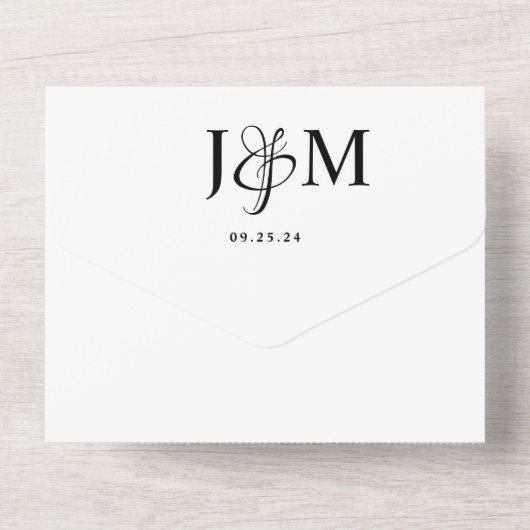Elegant White Monogram Photo Overlay Wedding All In One Uitnodiging (Achterkant)