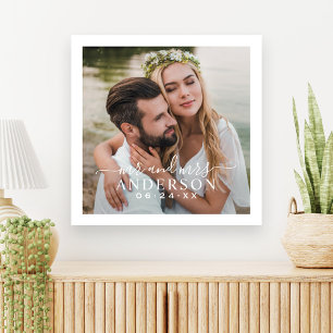 Elegant White Mr. en Mrs Monogram Foto Wedding Canvas Afdruk
