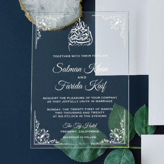 Elegant White Muslim Wedding Acryl Uitnodigingen