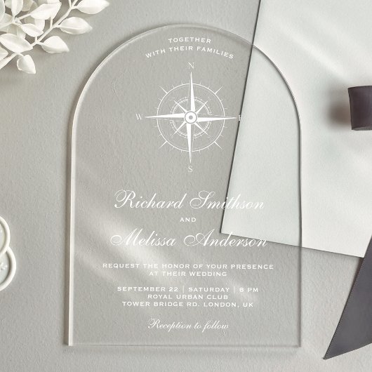Elegant White Nautical Compass Wedding Acryl Uitnodigingen