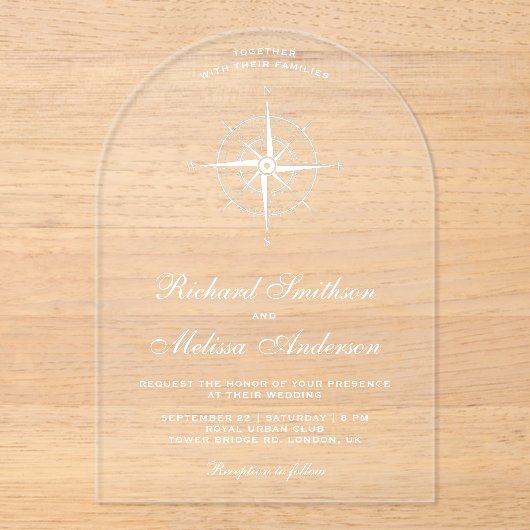 Elegant White Nautical Compass Wedding Acryl Uitnodigingen (Voorkant)