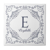 Elegant White Navy Blue Decorative Name Monogram Tegeltje (Voorkant)