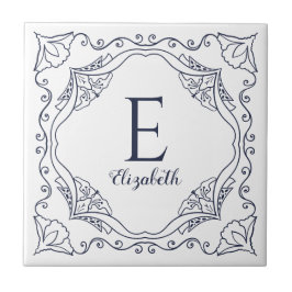 Elegant White Navy Blue Decorative Name Monogram Tegeltje